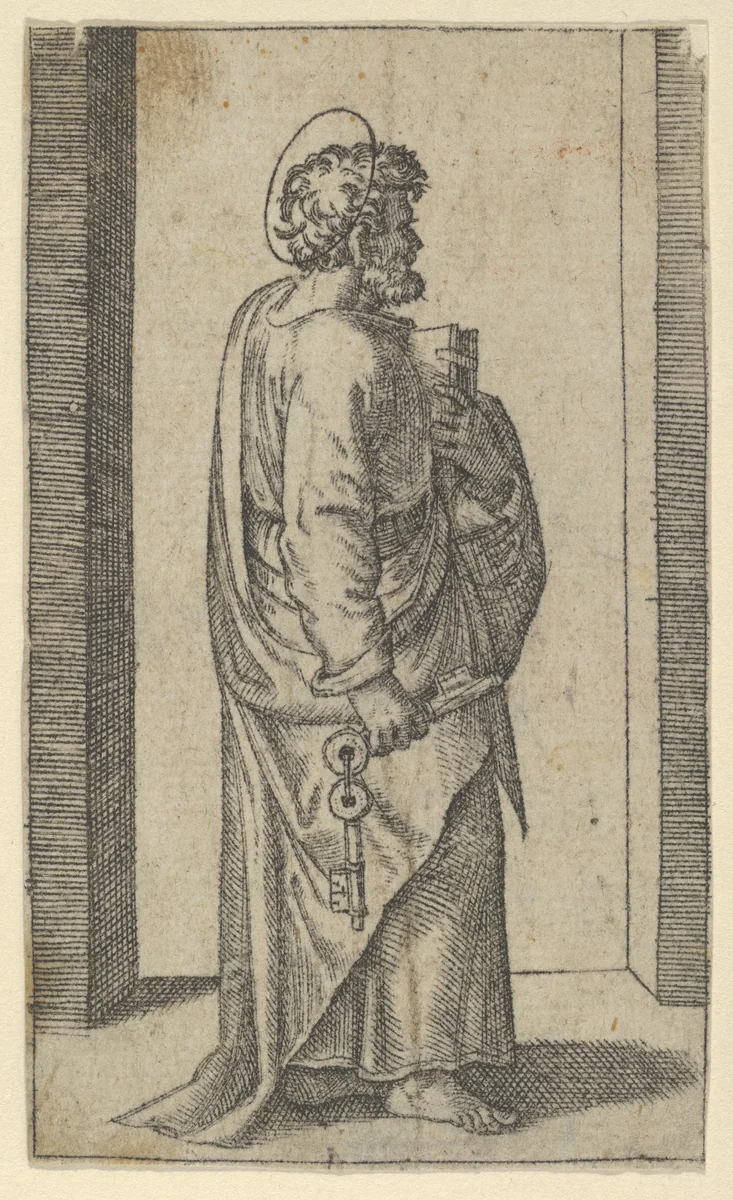 Saint Peter, keys in right hand, book in left, facing right, from "Piccoli Santi" (Small Saints) by Marcantonio Raimondi, print, 1495-1532
