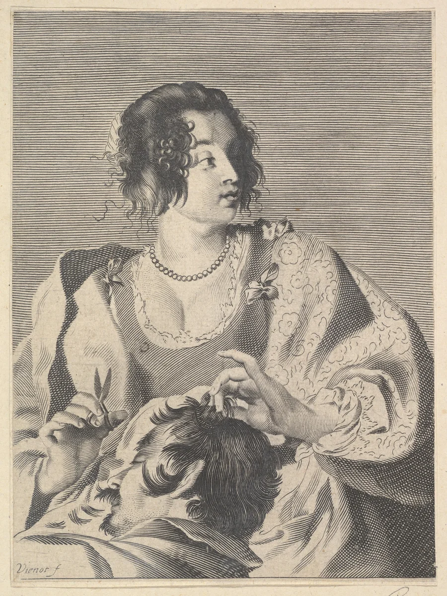 Delilah preparing to cut Samson's hair with scissors in her right hand, below her chest are the head and shoulders of the sleeping Samson by Nicolas Viennot, print, 1630