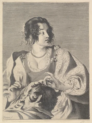 Delilah preparing to cut Samson's hair with scissors in her right hand, below her chest are the head and shoulders of the sleeping Samson by Nicolas Viennot, print, 1630