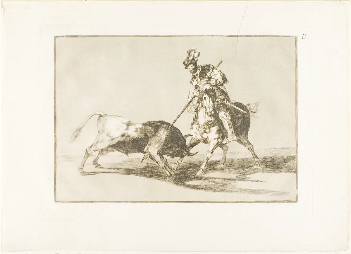 The Cid Campeador spearing another bull, plate eleven from The Art of Bullfighting by Francisco José de Goya, print, 1814-1816