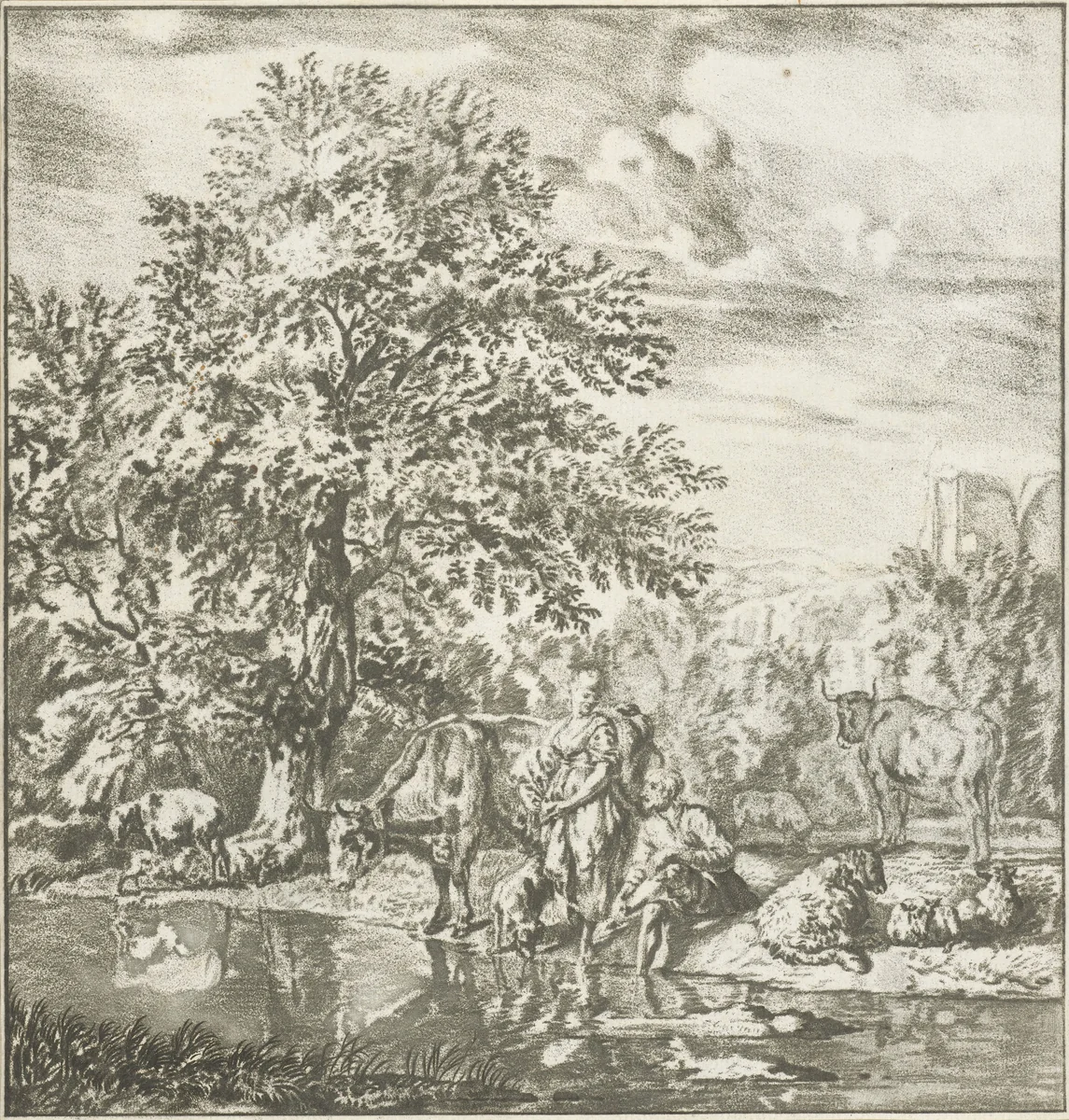 Herder en herderin met kudde bij een rivier by Cornelis Ploos van Amstel, print, 1763