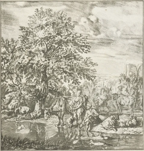 Herder en herderin met kudde bij een rivier by Cornelis Ploos van Amstel, print, 1763