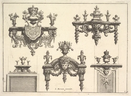 Designs for Brackets with Silverwork by Jean Berain, print, 1675-1699