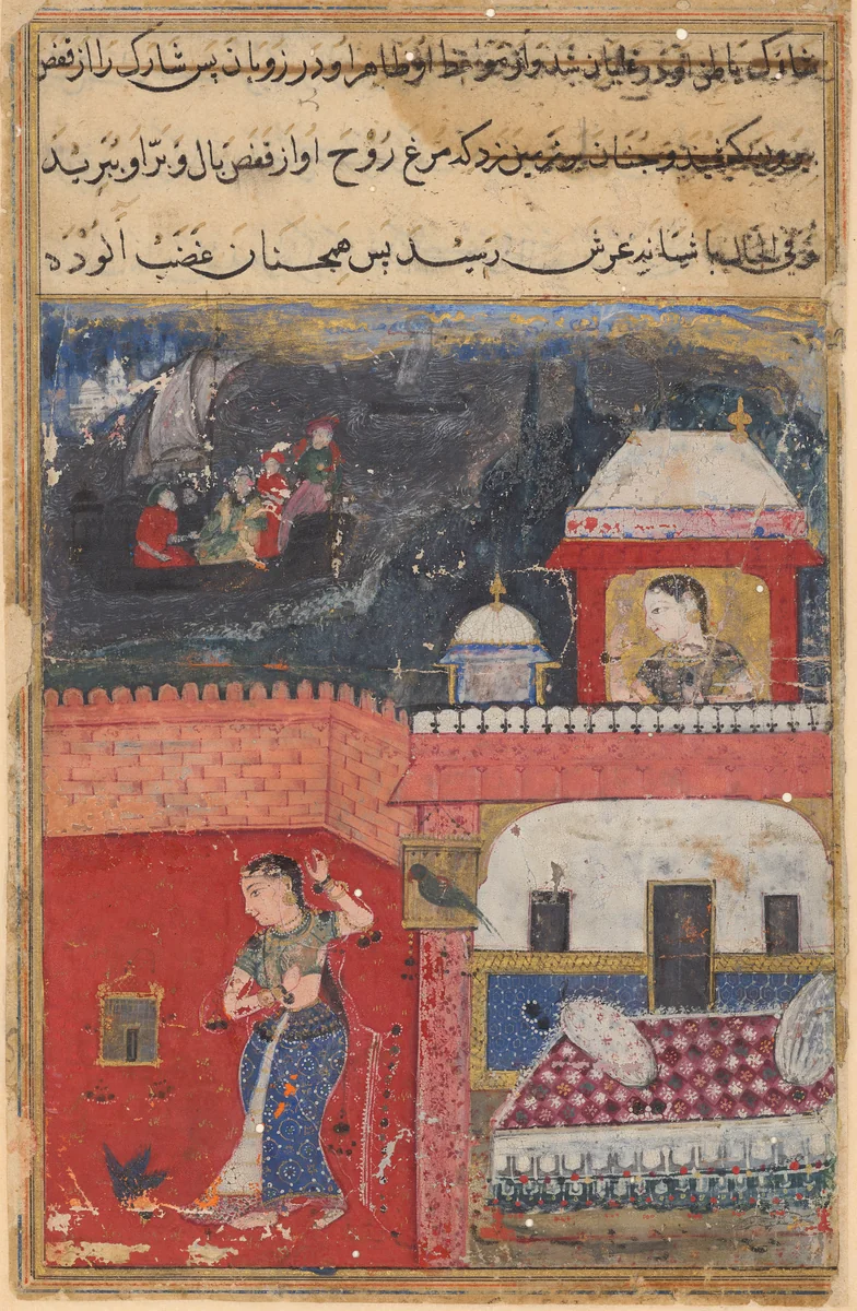 Khujasta kills the pet mynah who advises her not to be unfaithful to Maymun, her husband, from a Tuti-nama (Tales of the Parrot): First Night by Unknown, painting, 1555-1565