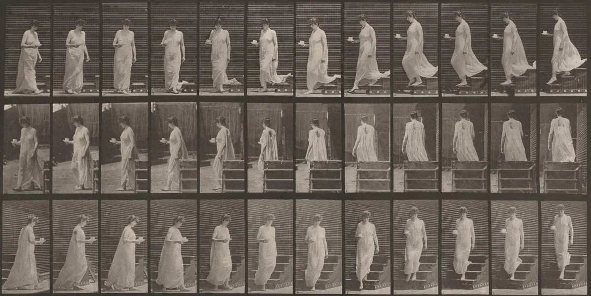 Plate Number 143. Descending stairs, a cup and saucer in right hand by Eadweard Muybridge, photograph, 1887