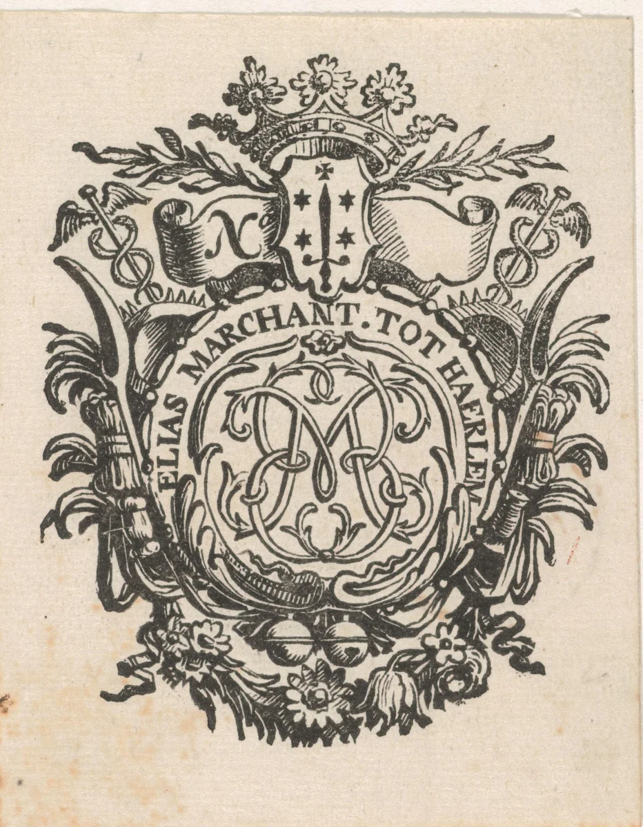 Handelsetiket van Elias Marchant te Haarlem by Isaac Vincentsz. van der Vinne, print, 1681-1740