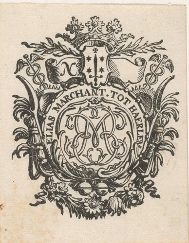 Handelsetiket van Elias Marchant te Haarlem by Isaac Vincentsz. van der Vinne, print, 1681-1740