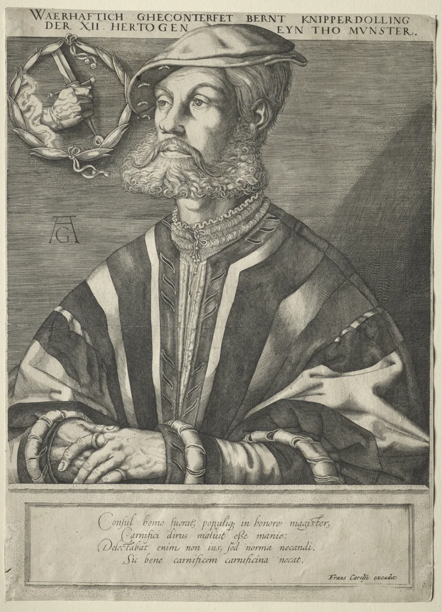 Portrait of Bernard Knipperdolling by Jan Muller, print, 1610-1620