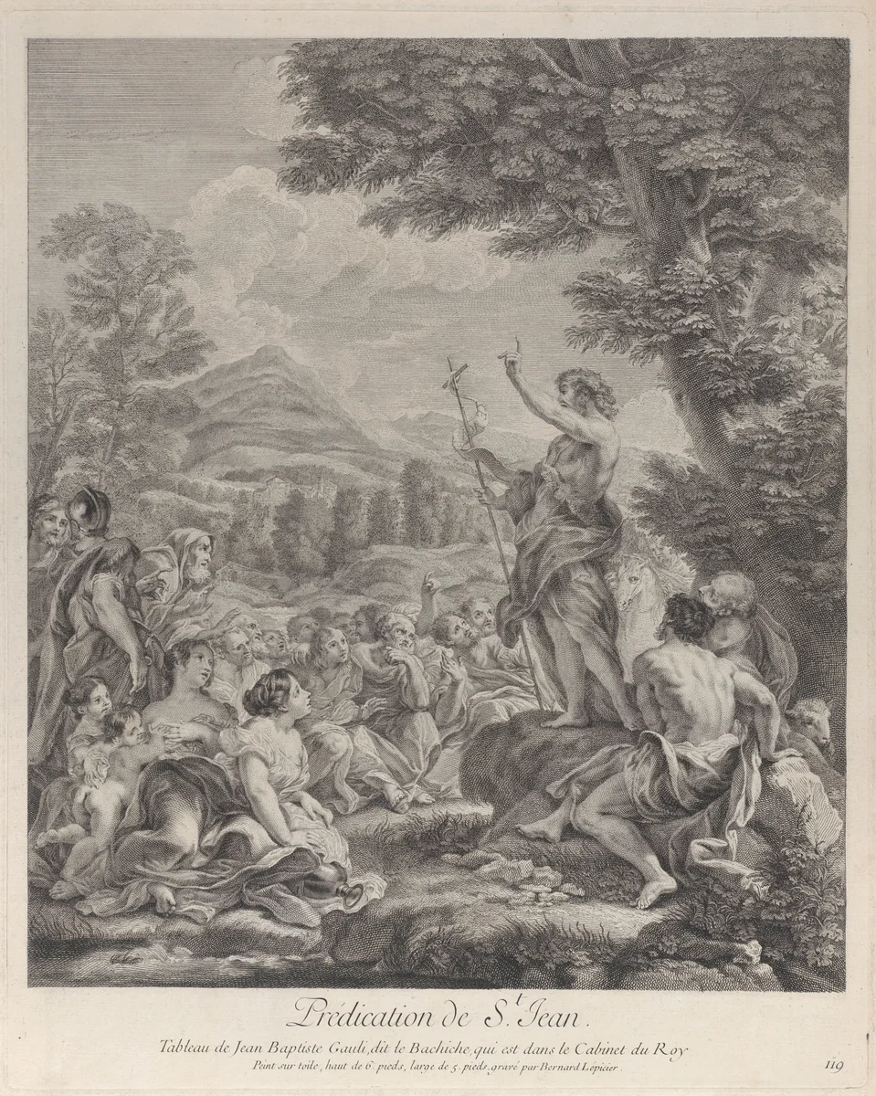 Saint John the Baptist preaching to a crowd by Bernard Lepicié, print, 1724-1734