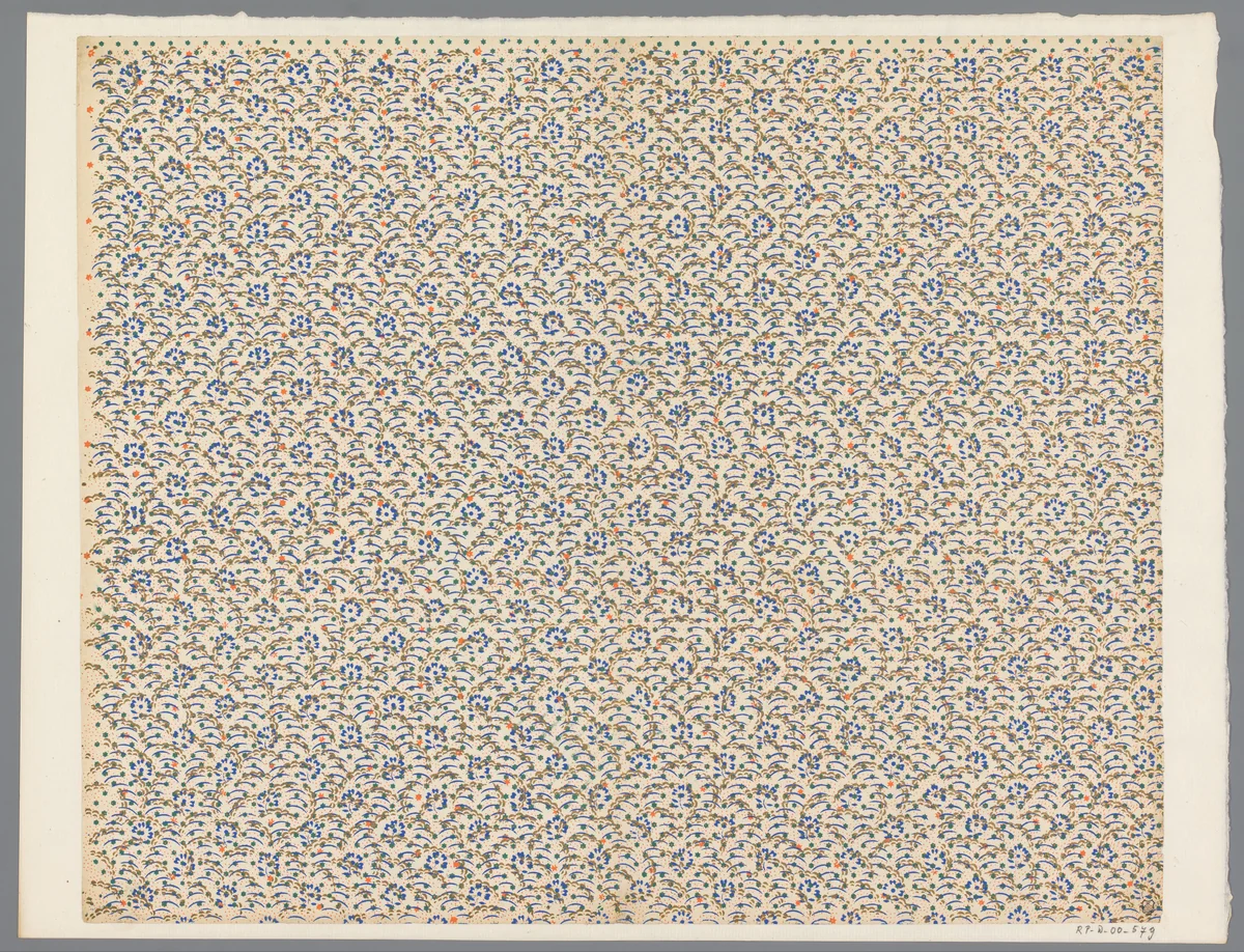 Blad met strooipatroon gebogen lijnen over een patroon van bloemmotief en sterretjes met puntenfond by anonymous, print, 1800-1900
