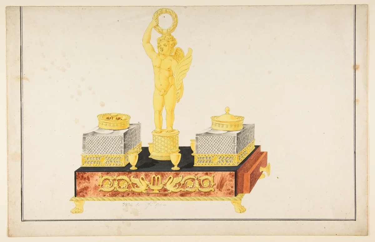 Design for a Pen and Ink Stand with a Cupid and Two Ink Wells by anonymous, drawing, 1800-1899