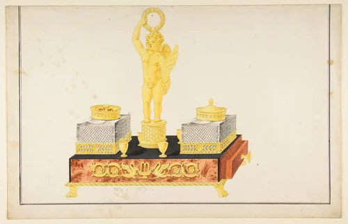 Design for a Pen and Ink Stand with a Cupid and Two Ink Wells by anonymous, drawing, 1800-1899