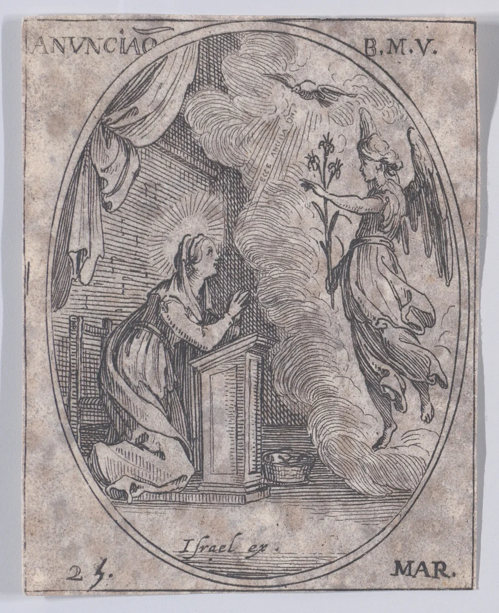 L'Annonciation de la Ste. Vierge (The Annunciation of the Virgin), March 25th, from "Les Images De Tous Les Saincts et Saintes de L'Année" (Images of All of the Saints and Religious Events of the Year) by Jacques Callot, print, 1636