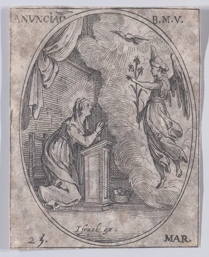 L'Annonciation de la Ste. Vierge (The Annunciation of the Virgin), March 25th, from "Les Images De Tous Les Saincts et Saintes de L'Année" (Images of All of the Saints and Religious Events of the Year) by Jacques Callot, print, 1636
