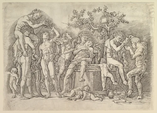 Bacchanal with Wine Vat by Andrea Mantegna, print, 1470-1480