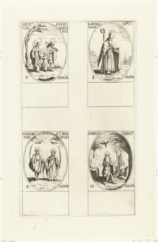 Vlucht naar Egypte, Heilige Apollinaris Claudius, Heilige Julianus en Heilige Basilissa van Antinoë, Heilige Paulus de Kluizenaar (7-10 januari) by Jacques Callot, print, 1632-1636