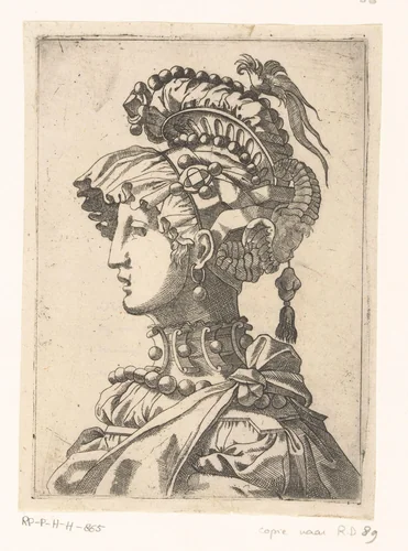 Vrouw met masker en fantasie hoofdbedekking by anonymous, print, 1535-1598