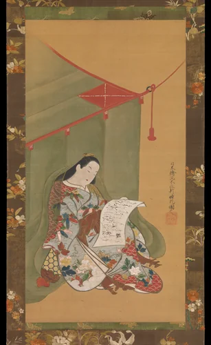 Woman Reading under a Mosquito Net by Fuhiken Tokikaze, painting, 1710-1730
