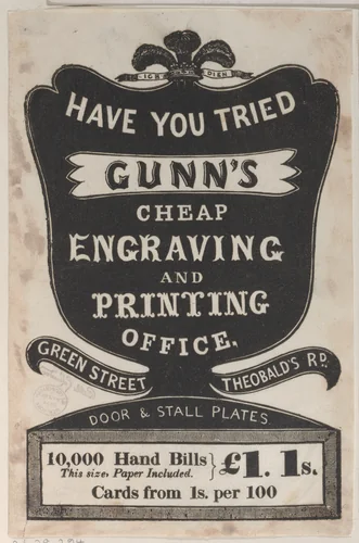 Trade Card for Gunn's Cheap Engraving and Printing Office by anonymous, print, 1800-1900