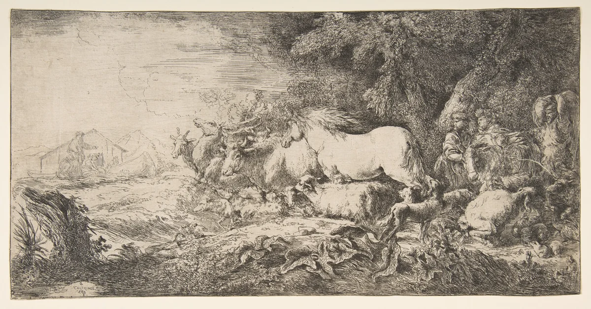 Noah and the animals entering the ark by Giovanni Benedetto Castiglione, print, 1645-1655