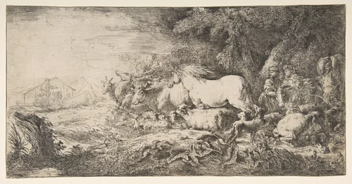 Noah and the animals entering the ark by Giovanni Benedetto Castiglione, print, 1645-1655