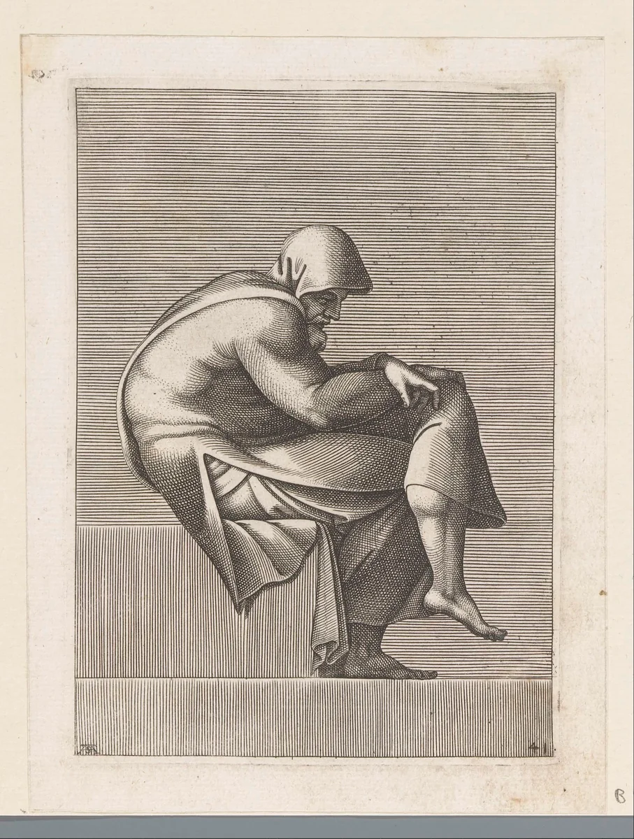 Zittende oude man by Unknown, print, 1585