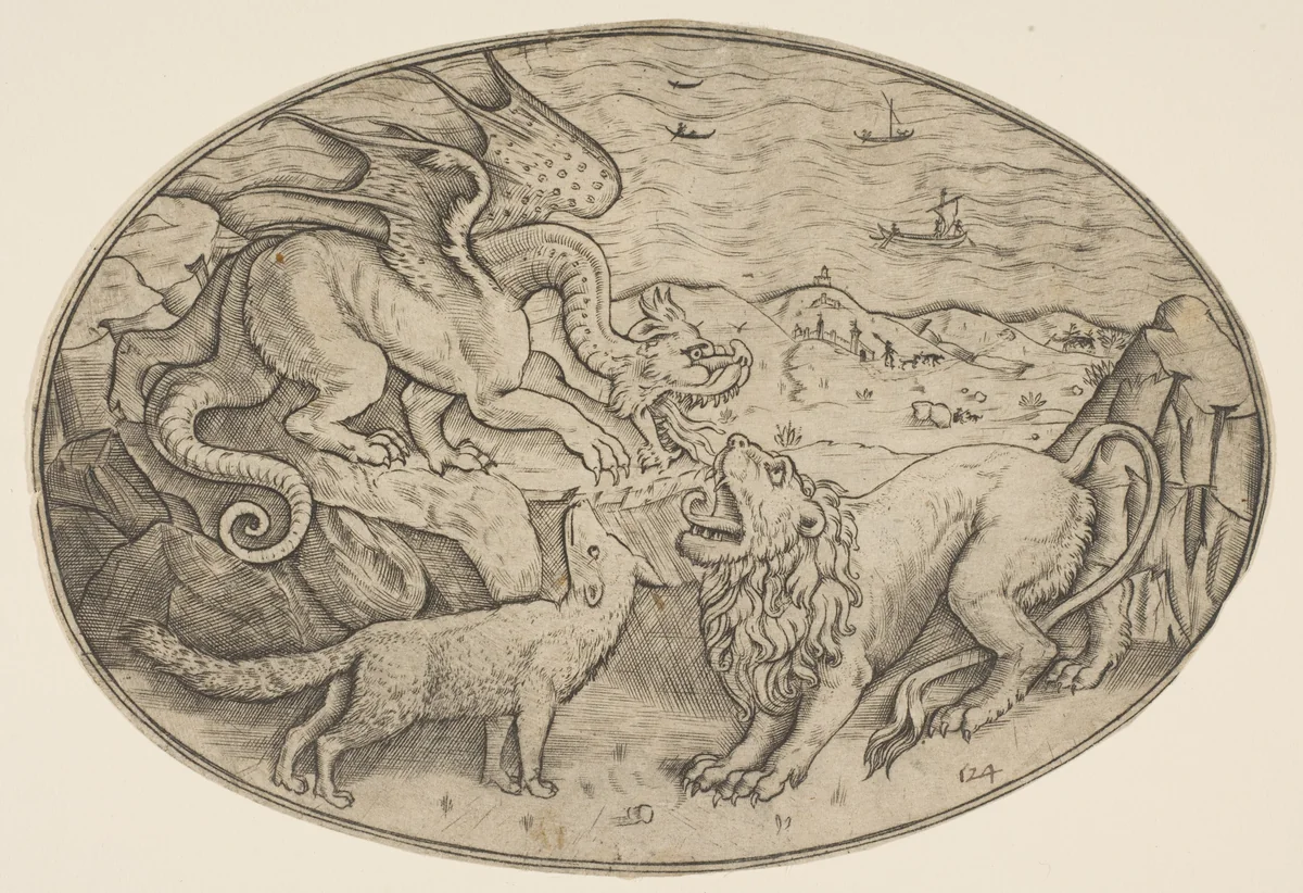 A lion, dragon and fox fighting each other, boats on the sea in the background, an oval composition by anonymous, print, 1515-1600