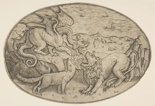 A lion, dragon and fox fighting each other, boats on the sea in the background, an oval composition by anonymous, print, 1515-1600