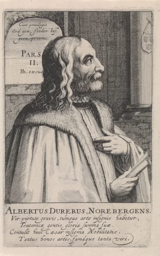 Portret van Albrecht Dürer by Simon Frisius, print, 1610