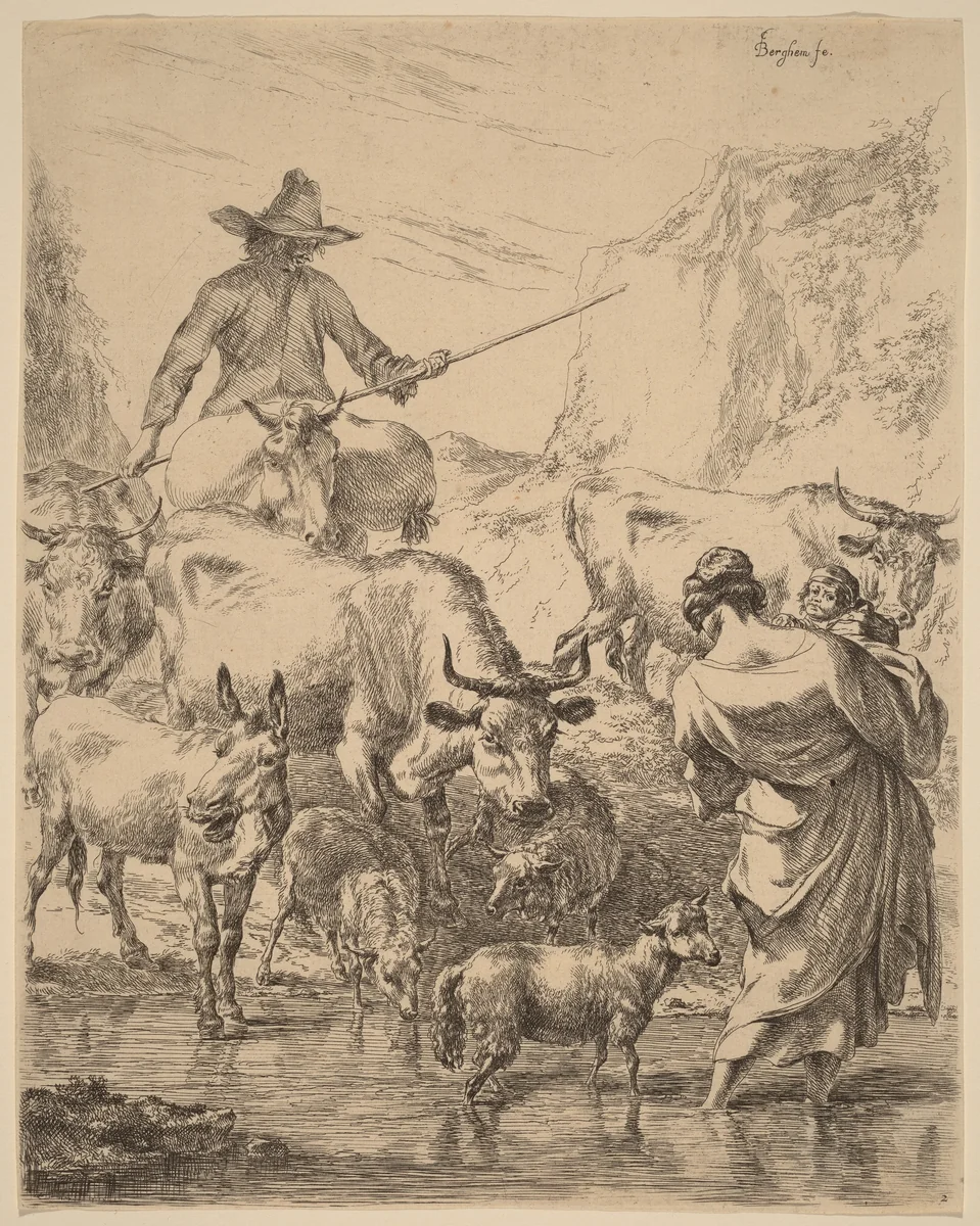 Herd Crossing the Brook by Nicolaes Pietersz Berchem, print, 1620-1683