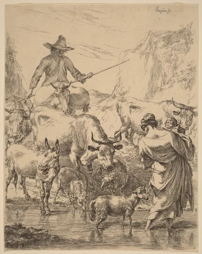 Herd Crossing the Brook by Nicolaes Pietersz Berchem, print, 1620-1683