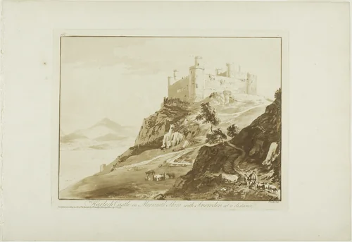 Harlech Castle in Merioneth Shire with Snowdon at a Distance, plate seven from Twelve Views in North Wales by Paul Sandby, print, 1776