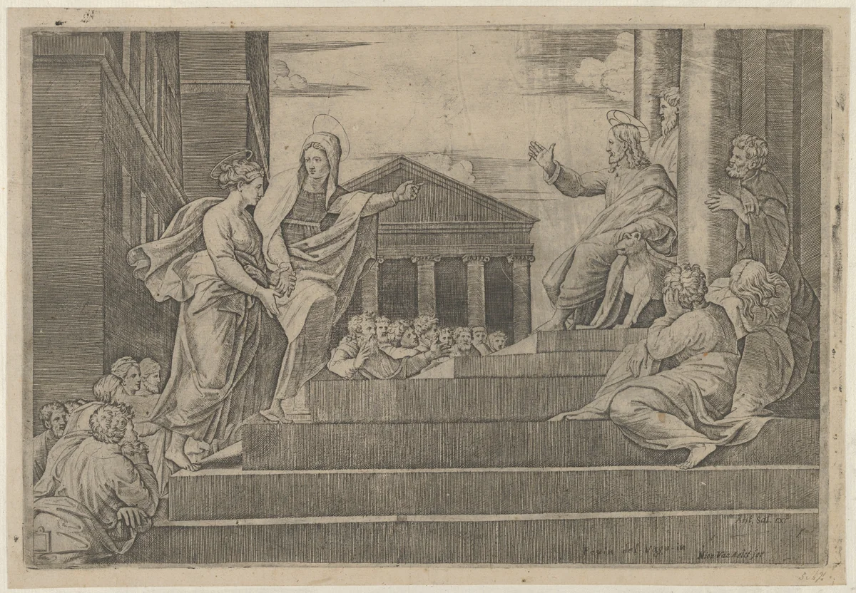 Martha leading Mary Magdalene up a flight of stairs to Christ who is seated at right at the entrance to a temple by Marcantonio Raimondi, print, 1515-1530