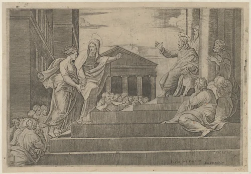 Martha leading Mary Magdalene up a flight of stairs to Christ who is seated at right at the entrance to a temple by Marcantonio Raimondi, print, 1515-1530