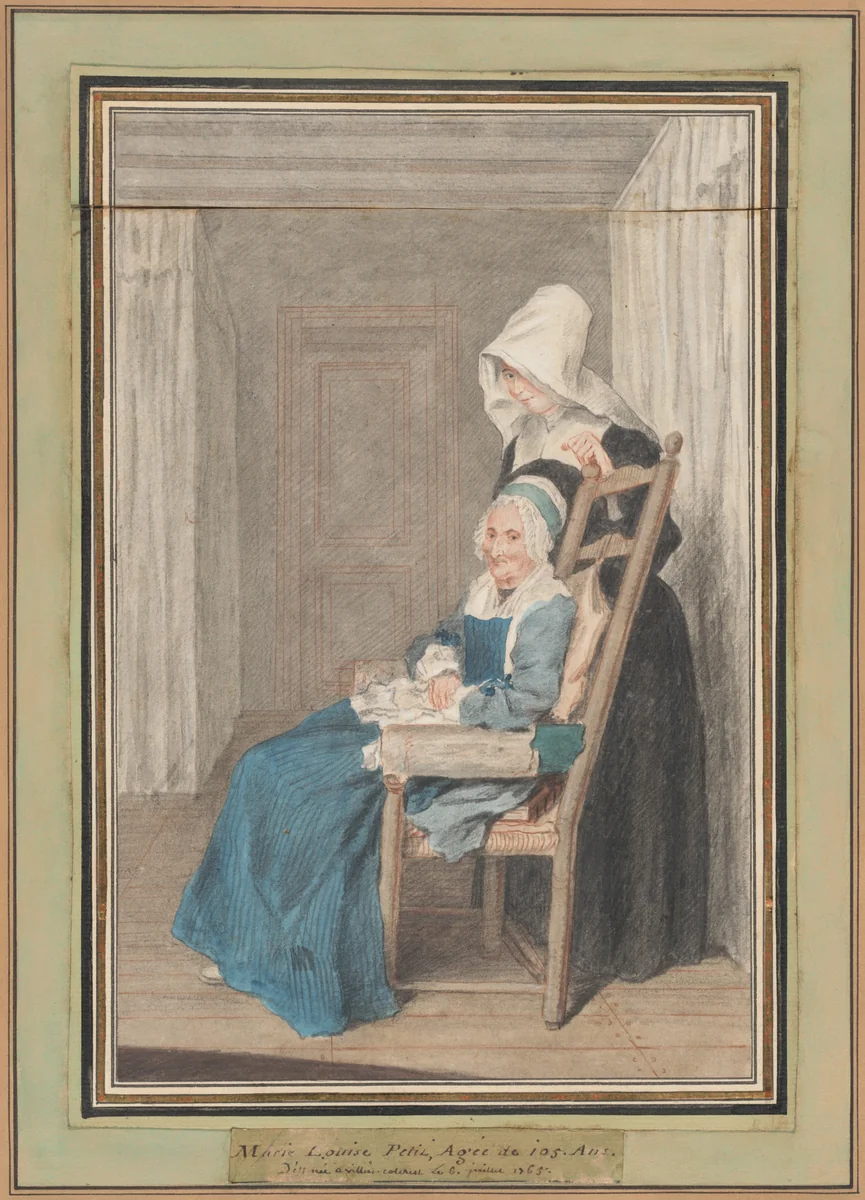 Marie Louise Petit at the Age of 105, with Her Young Nurse by Louis de Carrogis, drawing, 1765