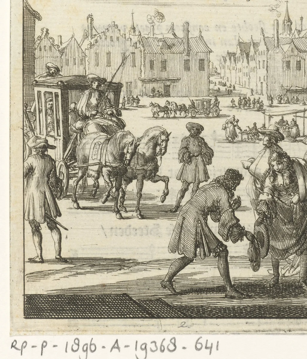 Het stadsleven dat de schrijver Willem Sluiter verlaten had: groot plein met koets en verschillende mensen by Jan Luyken, print, 1687