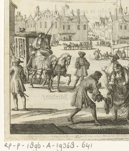 Het stadsleven dat de schrijver Willem Sluiter verlaten had: groot plein met koets en verschillende mensen by Jan Luyken, print, 1687