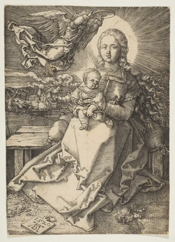 Virgin and Child Crowned by an Angel by Albrecht Dürer, print, 1520
