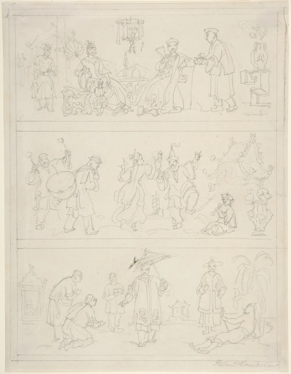 Three Friezes of Chinese Figures by Isaac Robert Cruikshank, drawing, 1800-1856