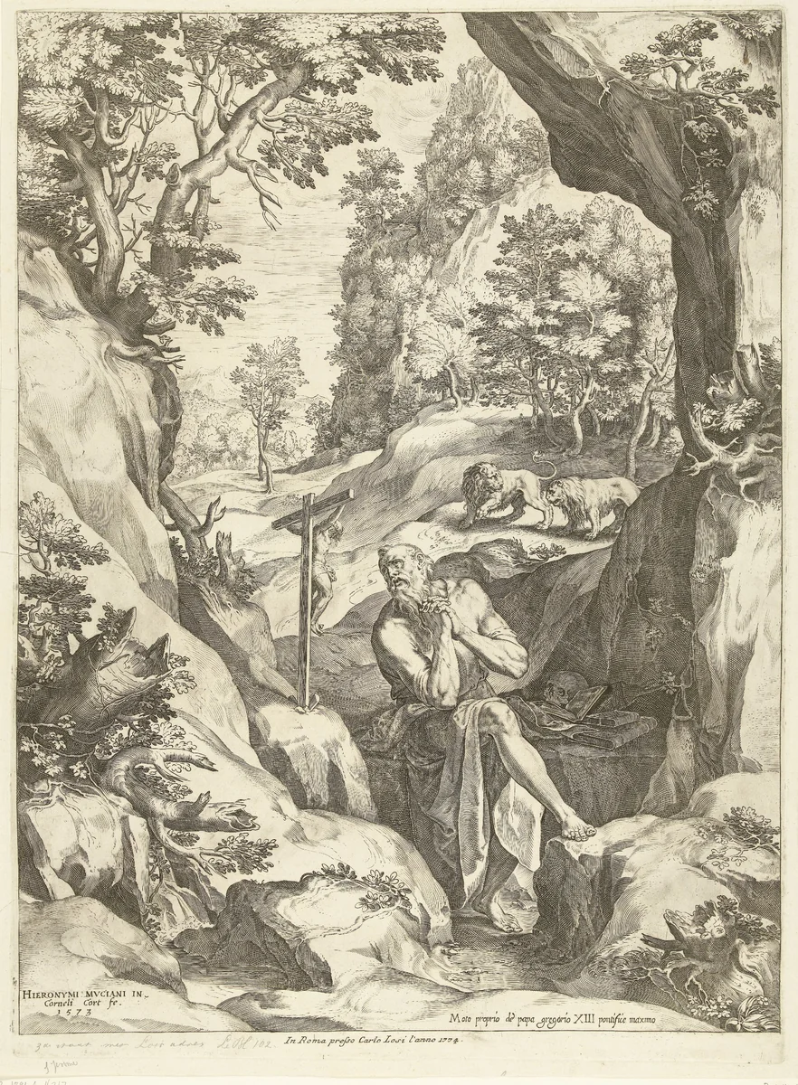 Landschap met de H. Hieronymus by Unknown, print, 1573