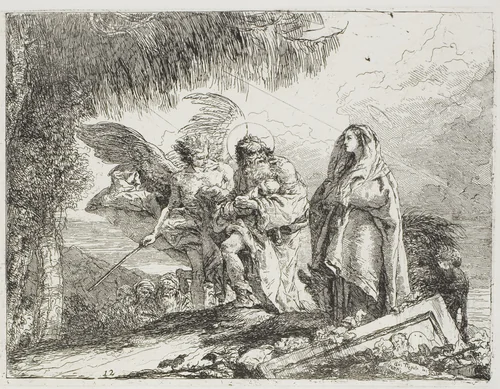 Mary and Joseph, Holding the Child, are Escorted by an Angel, plate twelve from The Flight into Egypt by Giovanni Domenico Tiepolo, print, 1753