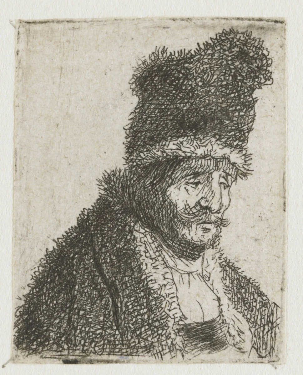 Sheet of studies of men's head: old man in fur coat and high cap by Rembrandt van Rijn, print, 1629