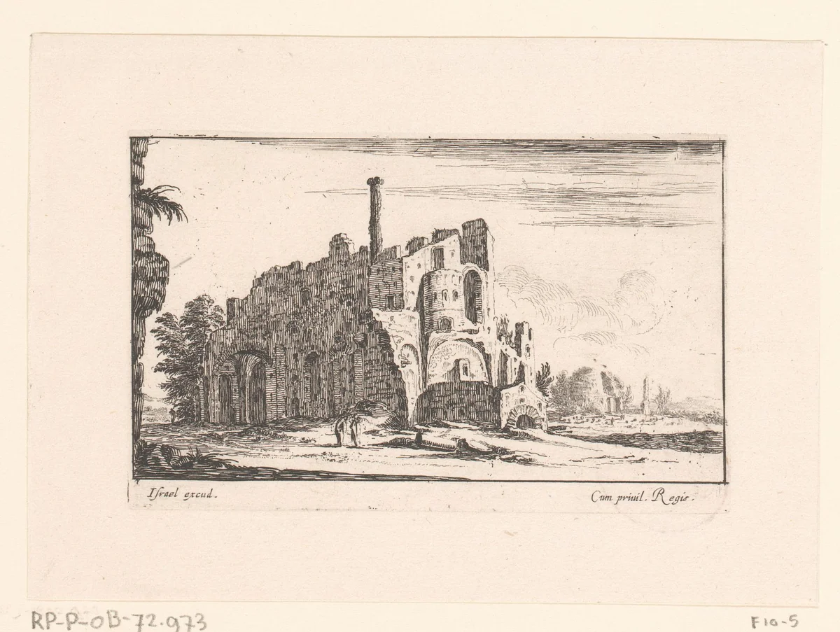 Gezicht op Villa Adriana bij Tivoli by Israël Silvestre, print, 1643
