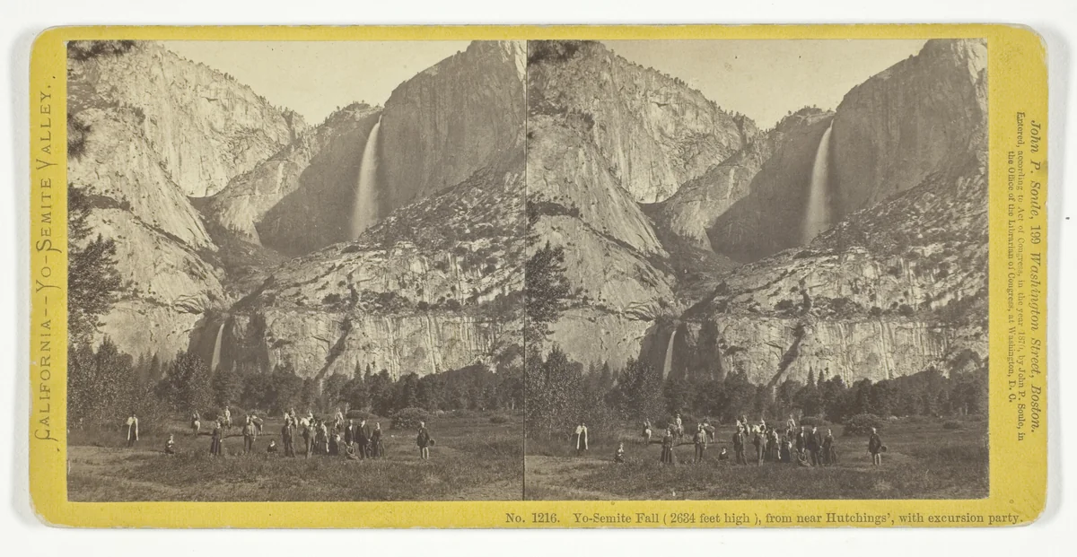 Yo-Semite Fall (2634 feet high), from near Hutchings', with excursion party, No. 1216 from the series "California -- Yo-Semite Valley" by John P. Soule, photograph, 1870