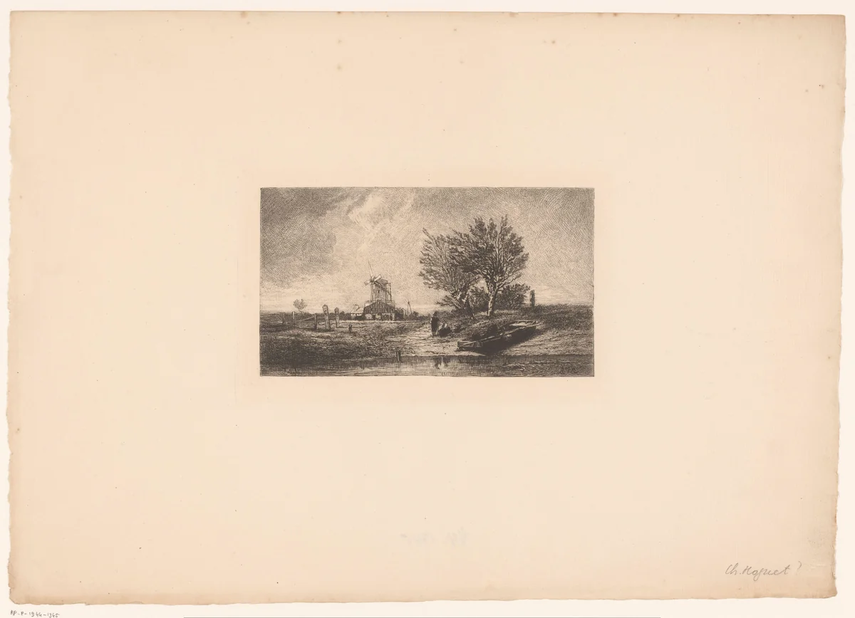 Twee figuren in een rivierlandschap met molen by Amédée Paul Greux, print, 1863-1880