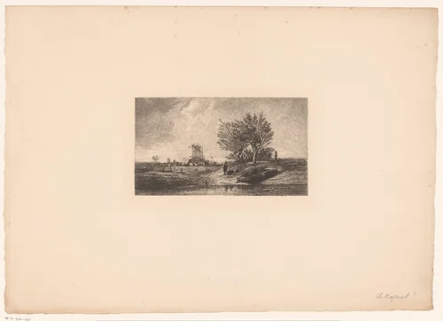 Twee figuren in een rivierlandschap met molen by Amédée Paul Greux, print, 1863-1880