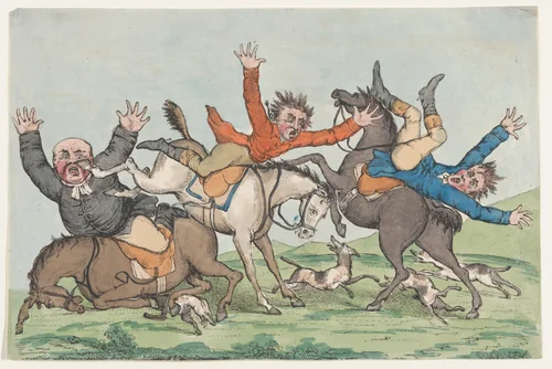 Three Riders Fall from their Mounts by Henry William Bunbury, print, 1780-1820