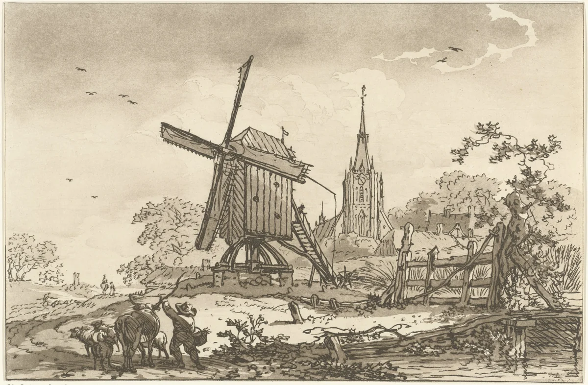 Landschap met een windmolen en een kerk by Hendrik Meijer, print, 1789-1793