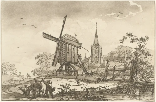 Landschap met een windmolen en een kerk by Hendrik Meijer, print, 1789-1793