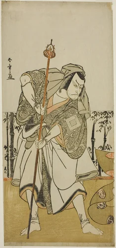 The Actor Ichikawa Danjuro V as Taira no Masakado Disguised as the Pilgrim Junjo in the Play Masakado Kammuri no Hatsuyuki, Performed at the Nakamura Theater in the Eleventh Month, 1777 by Katsukawa Shunsho (勝川 春章), print, 1772-1782